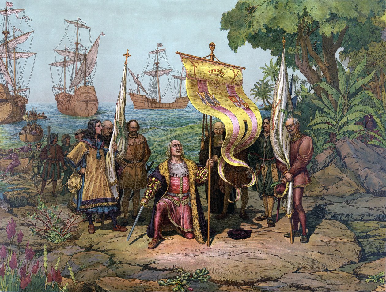Columbus tar det nya landet i besittning, pub.1893 (färgad litho) av American School