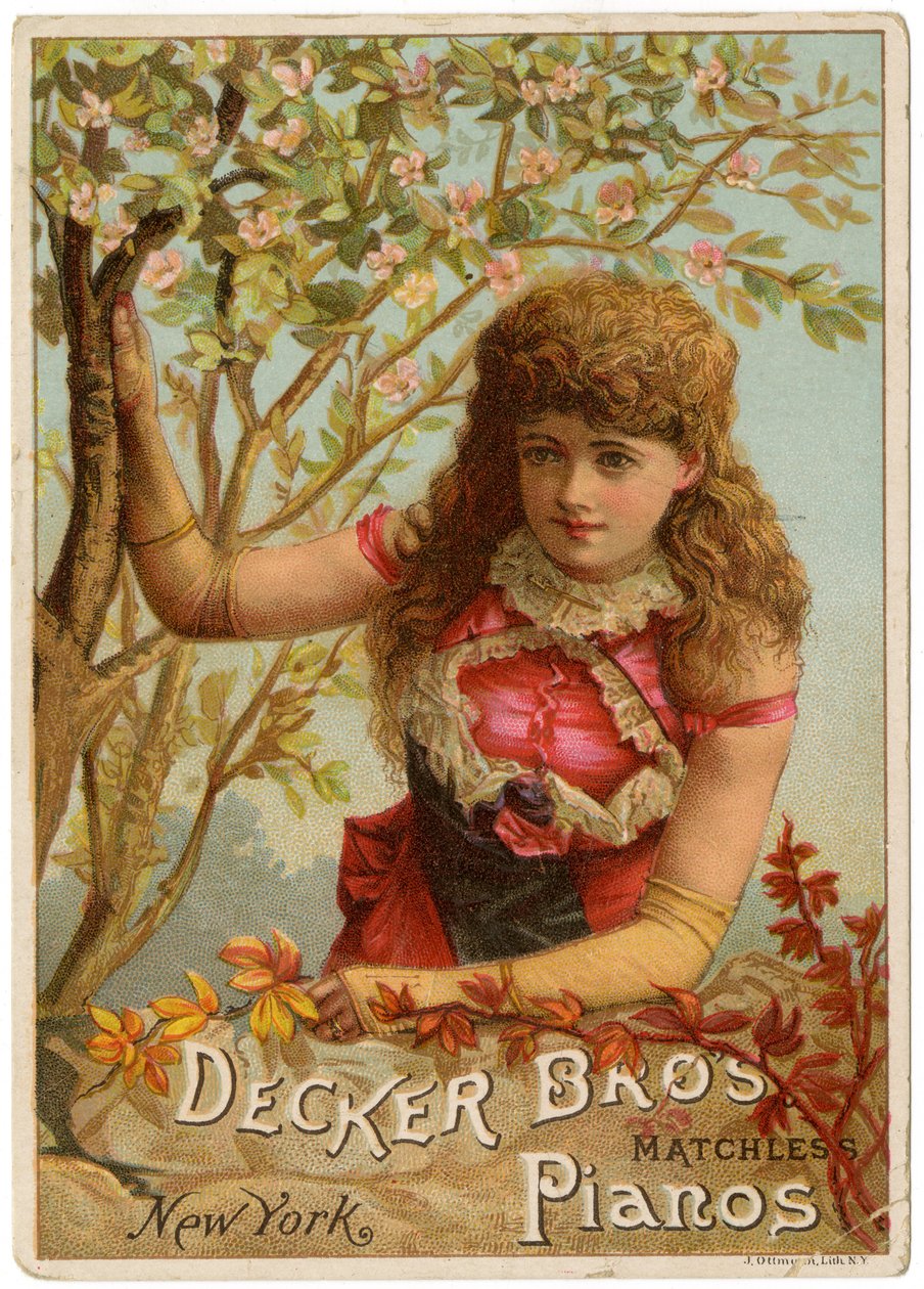 Decker Bros. Matchless Pianos, New York [visitkort recto] (färglitografi [visitkort]) av American School