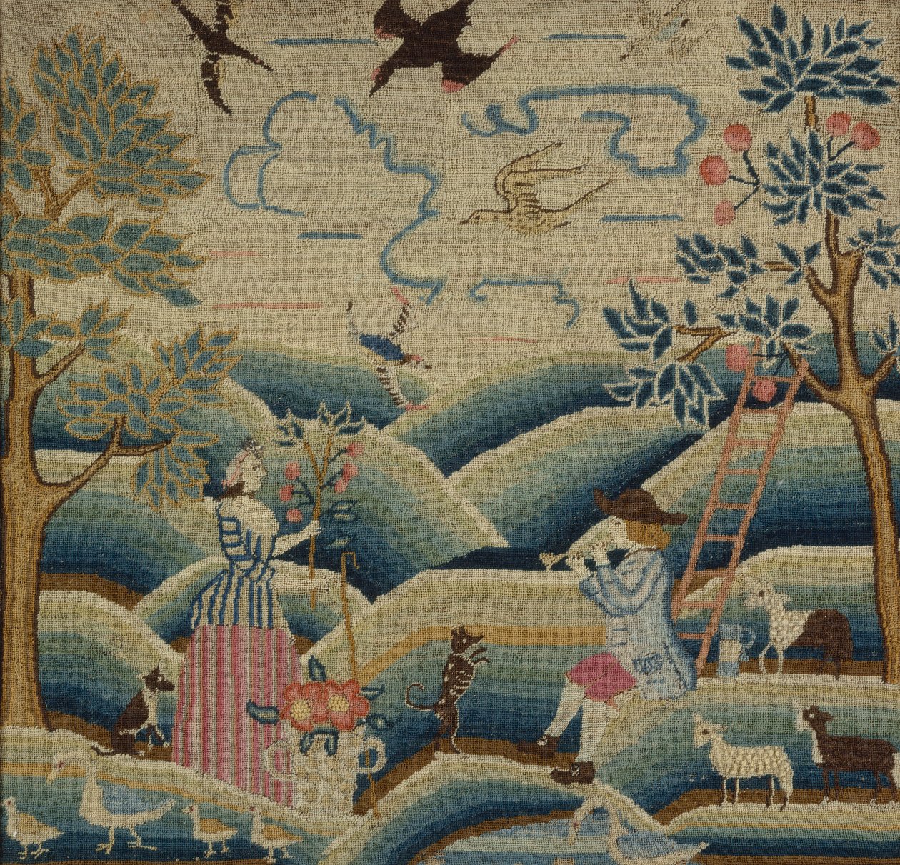 Broderad bild, ca 1740 (linne, ull och siden) av American School