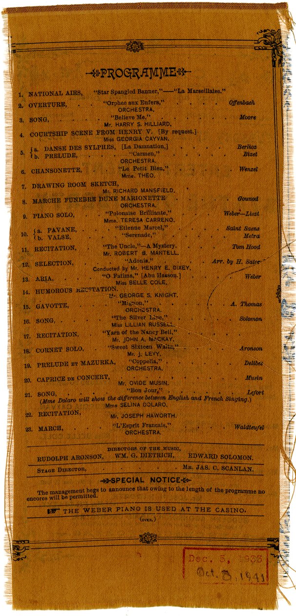 Underhållning till förmån för Frihetsgudinnans piedestalfond [verso], 1885 (tryckt textil) av American School