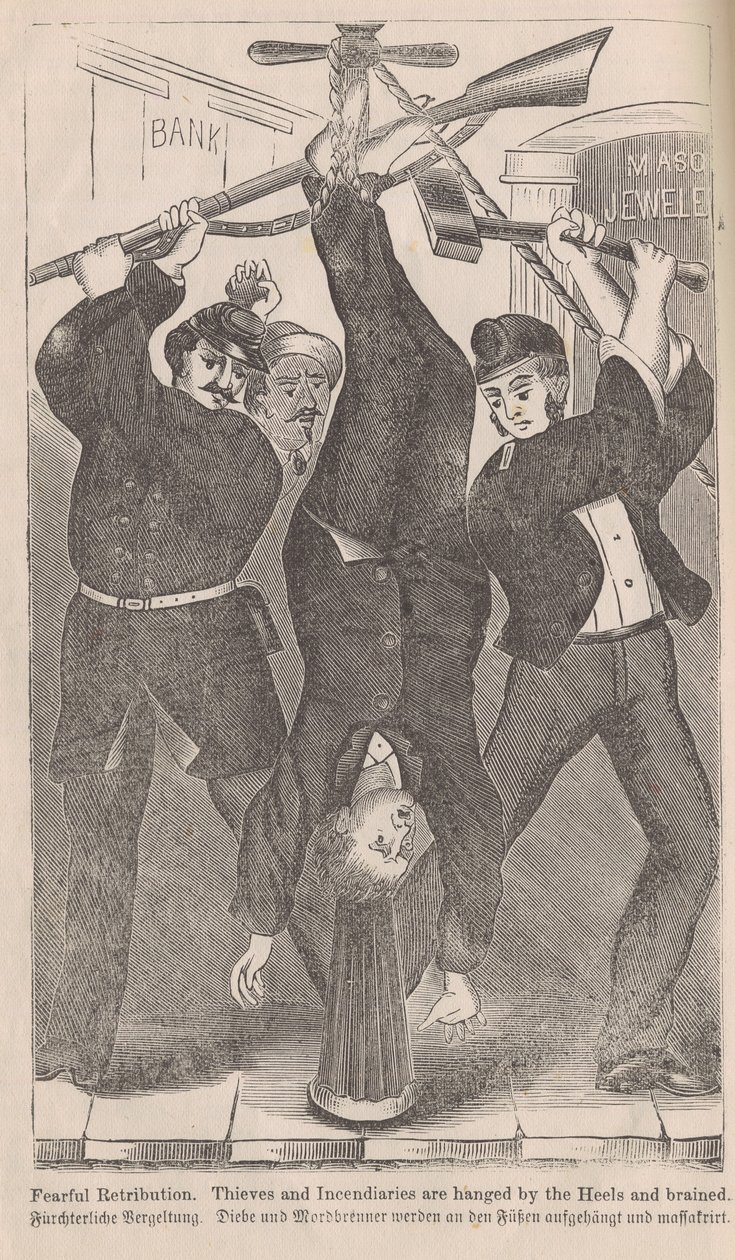 Fruktansvärda straff, tjuvar och eldsvådor hängs av hälarna och får hjärnor, från The Great Fires of Chicago av George L. Barclay, 1872 av American School