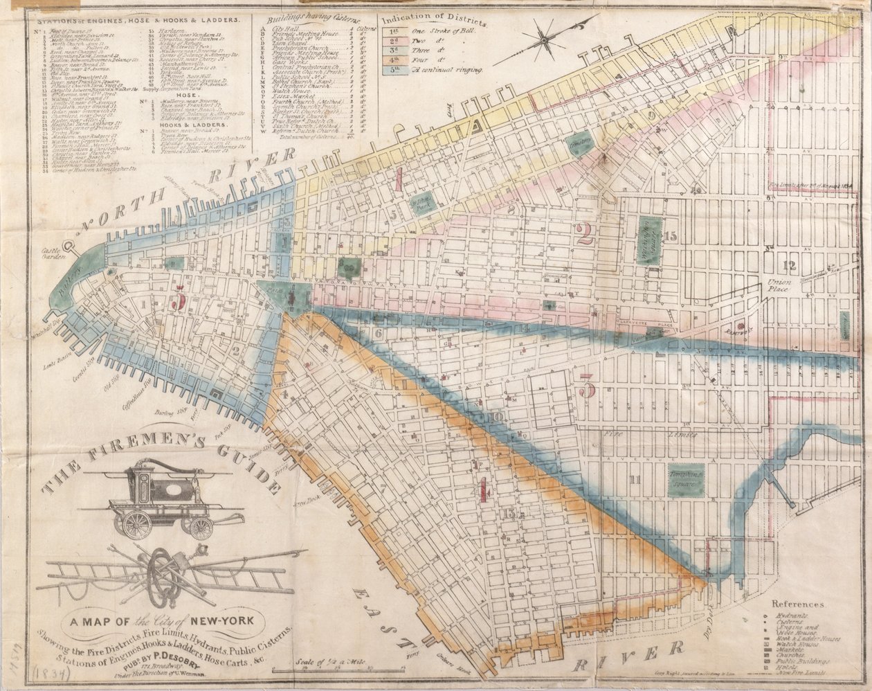 Firemans Guide - A Map of New York Showing Fire Districts, 1834 (svart bläck med färgtvätt tillägg på papper) av American School