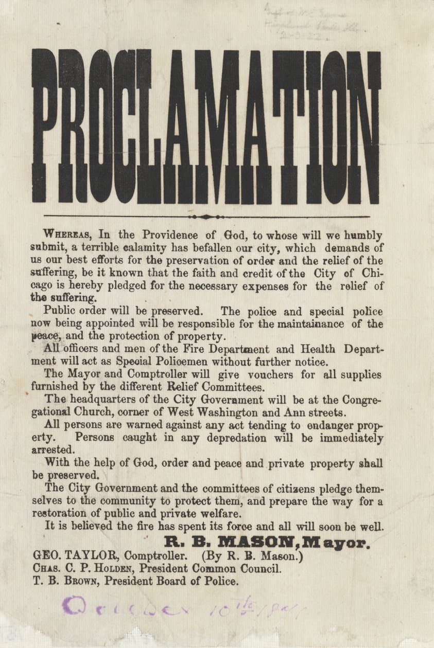 Första tillkännagivandet av Chicagos borgmästare Roswell B. Mason angående branden i Chicago, 1871 (tidningspapper) av American School