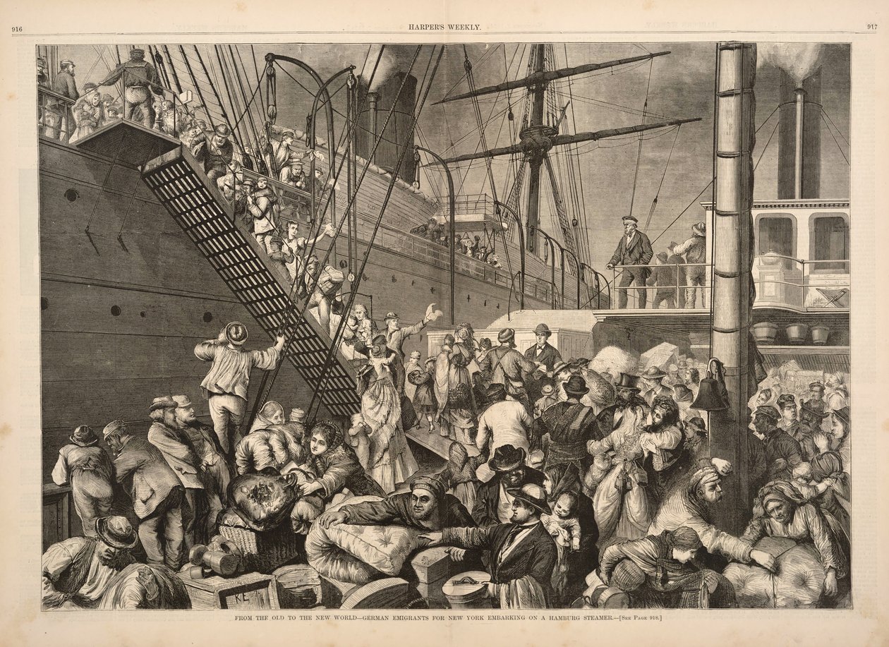 Från den gamla till den nya världen-tyska emigranter till New York som går ombord på en Hamburgs ångbåt, från Harpers Weekly, pub.1874 av American School