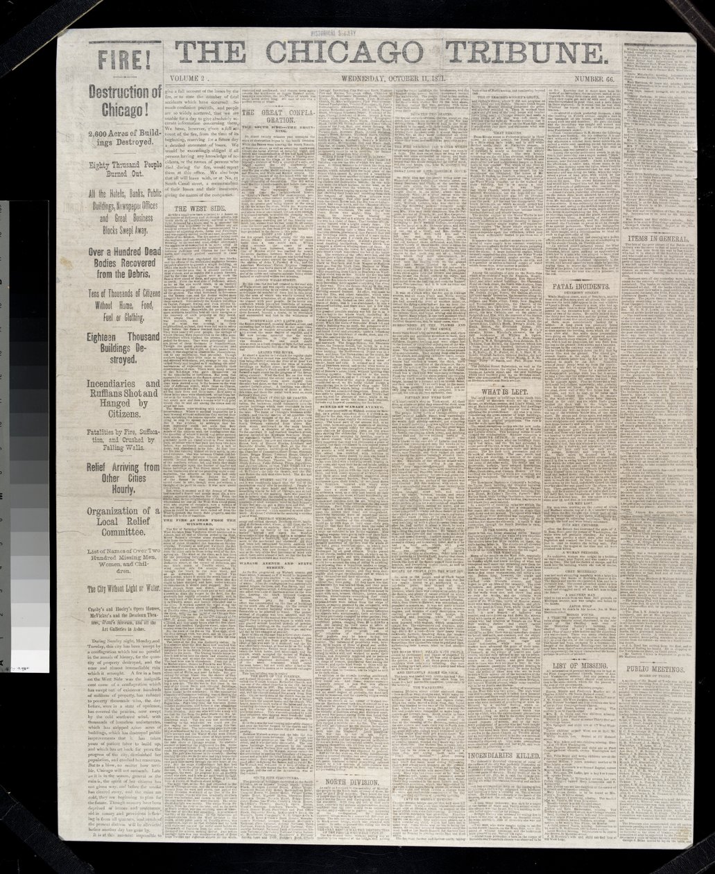 Första sidan av Chicago Tribune angående branden i Chicago 1871, 1871 av American School