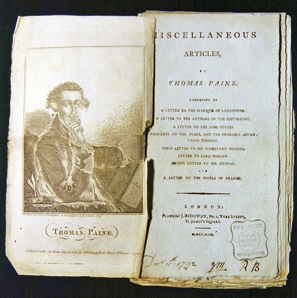 Frontispice to Diverse artiklar av Thomas Paine, publicerad 1791 av American School