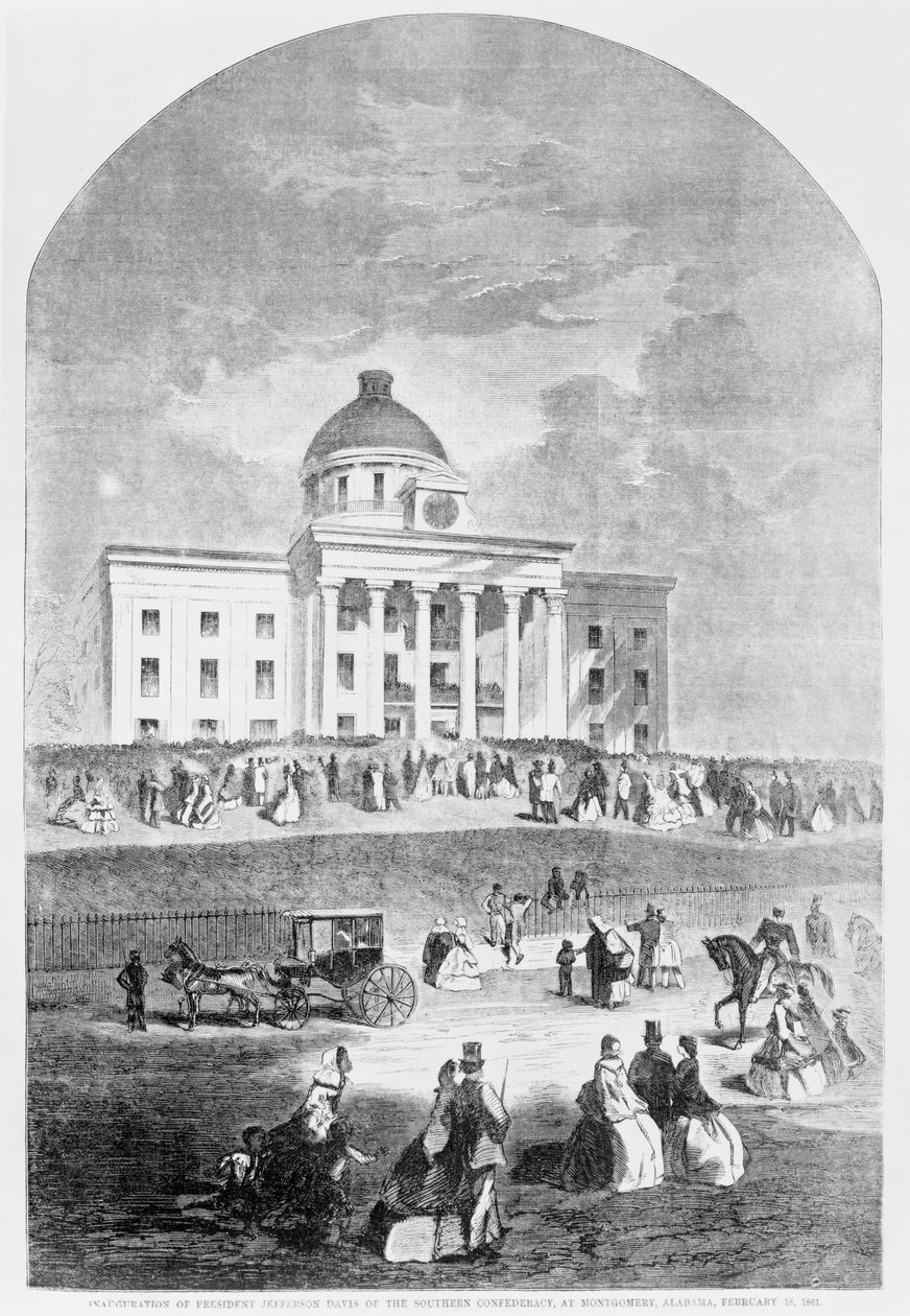 Invigning av president Jefferson Davis från Southern Confederacy, i Montgomery, Alabama, pub. av Harpers Weekly, 18 februari 1861 av American School