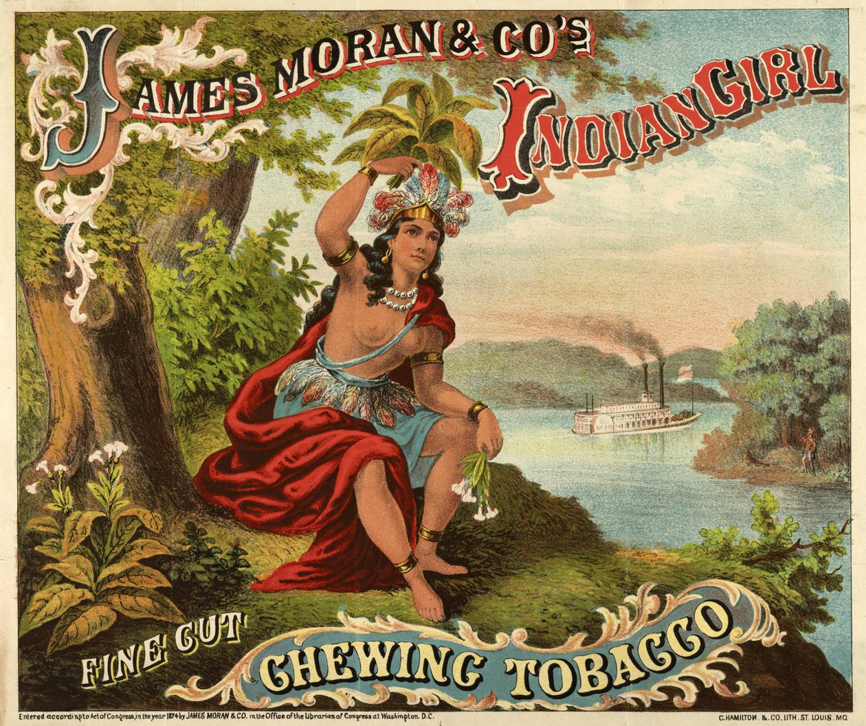 James Moran & Co.s Indian Girl Fine Cut Chewing Tobacco, pub., ca 1874 (oolour litho) av American School