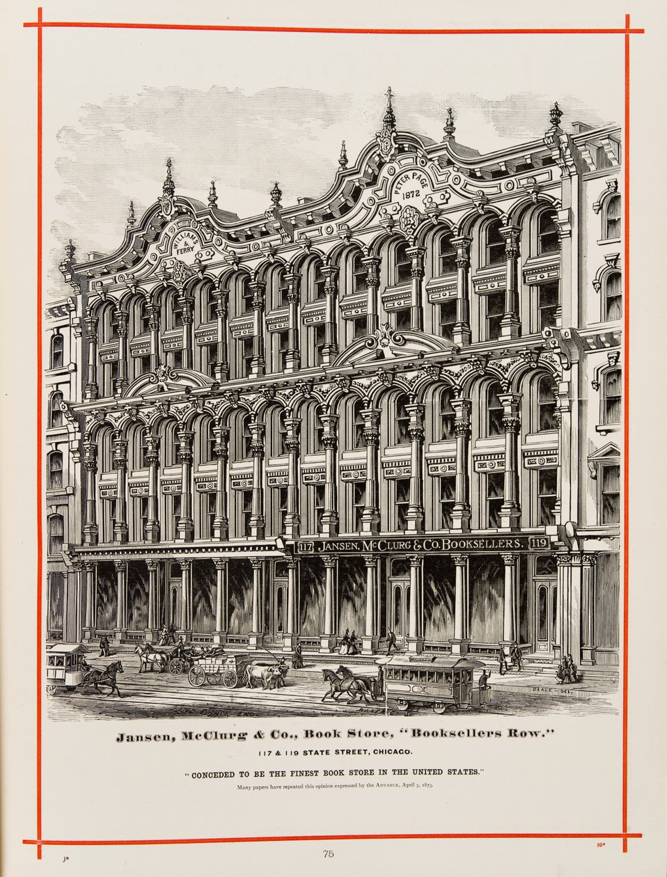 Jansen, McClurg and Company bokhandel på 117 och 119 State St., Chicago. Illustration i The Merchants and Manufacturers of Chicago Illustrated, 1873 av American School
