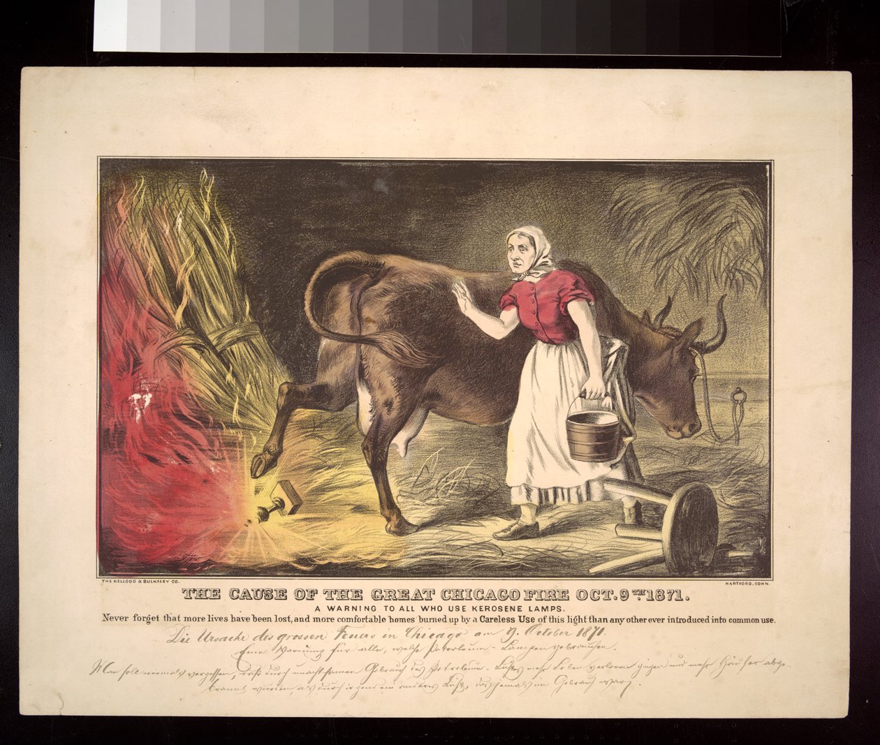 Kate OLeary med sin ko som välter en lykta, den mytiska starten på branden i Chicago 1871, ca 1872 av American School