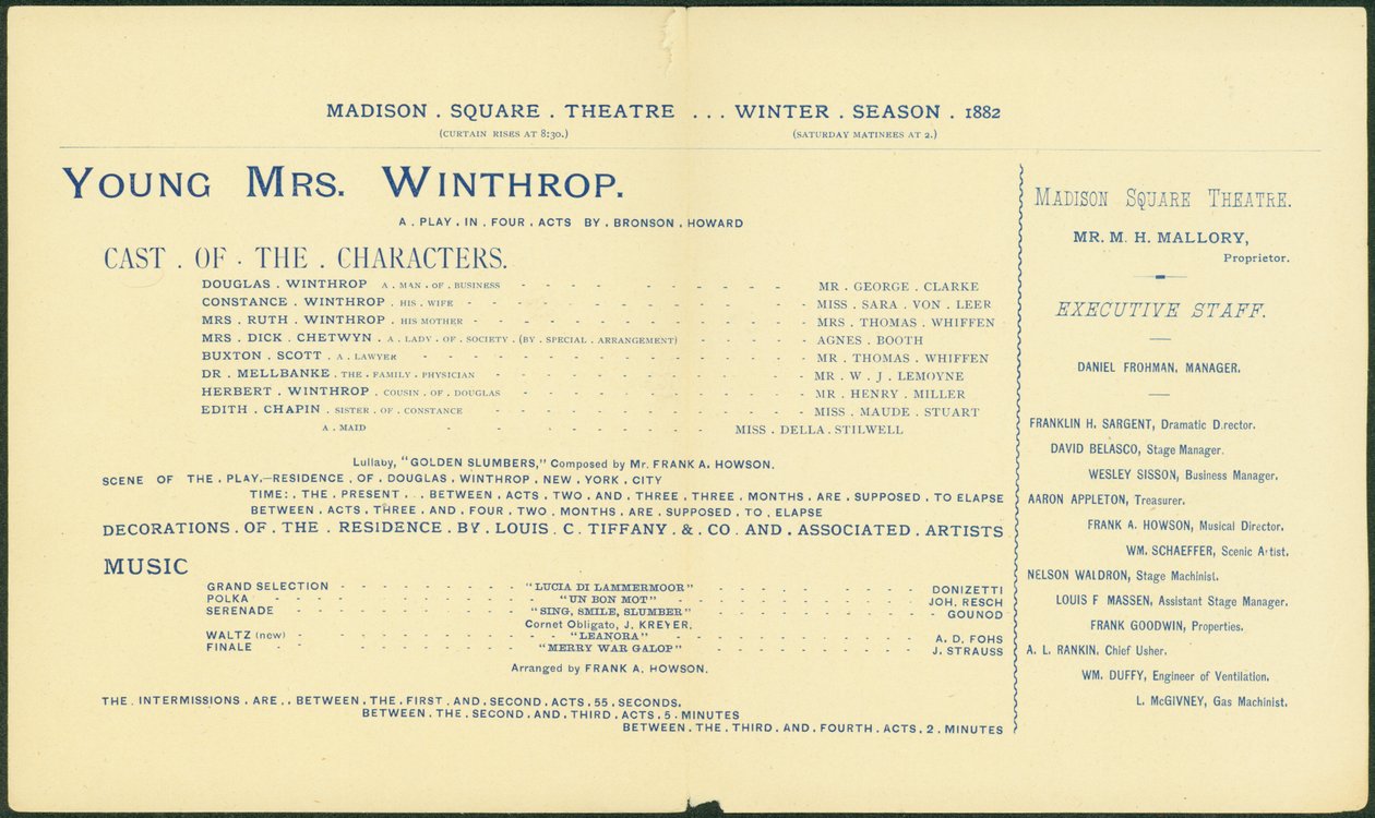 Madison Square Theatre, vintersäsongen 1882-83, program för Young Mrs Winthrop. [interiör], 1882 av American School