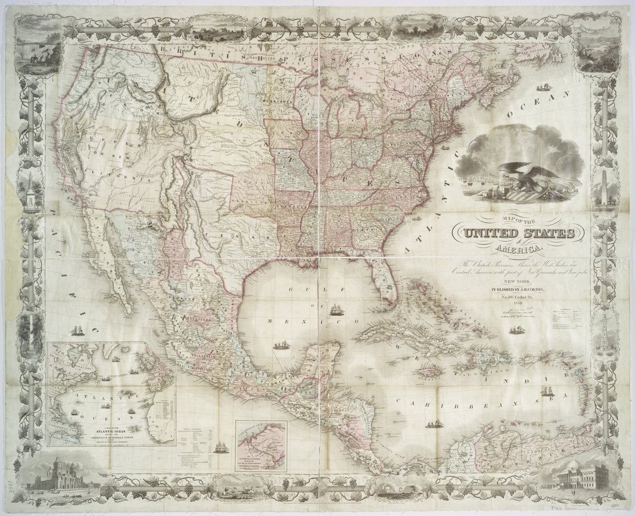Karta över USA, brittiska provinser, Mexiko, Västindien och Centralamerika, 1850 (handfärgat tryck) av American School