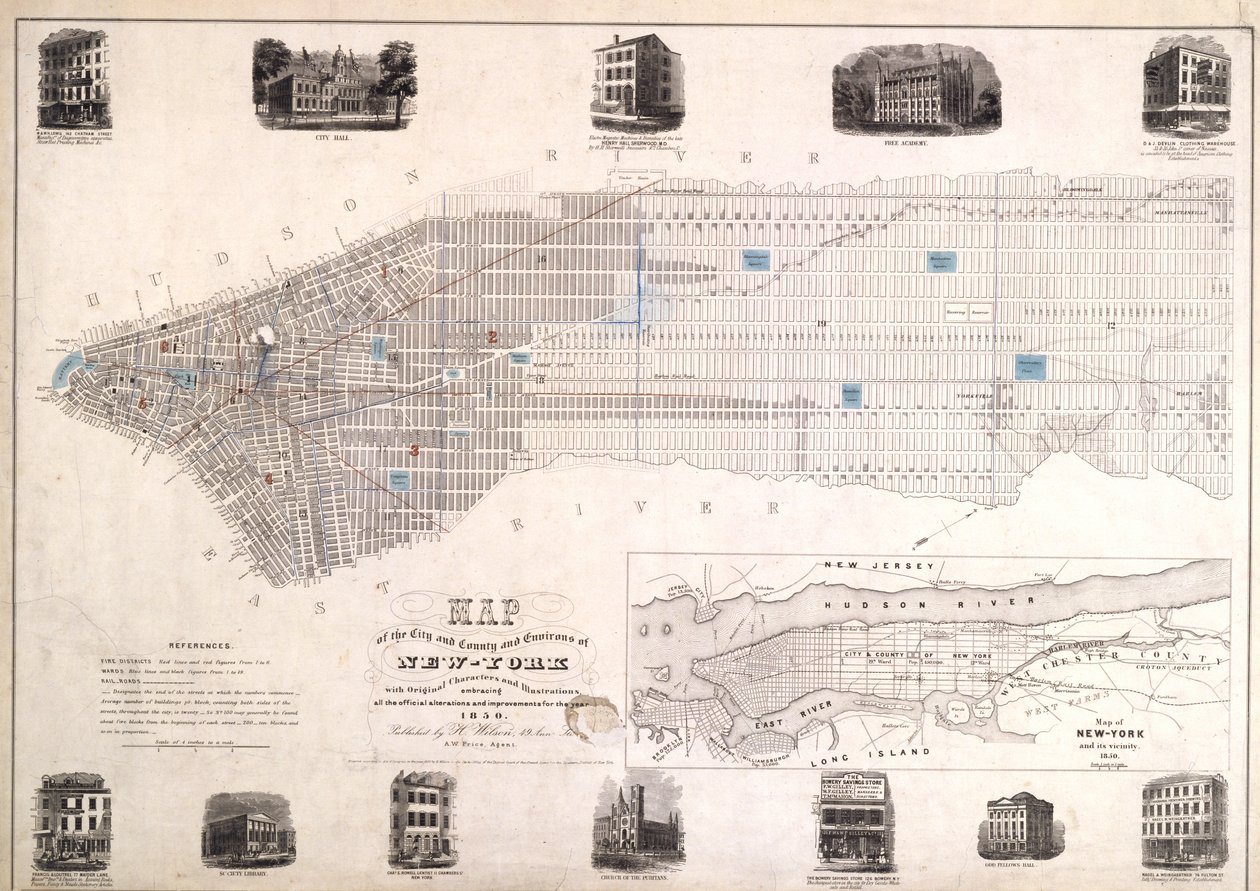 Karta över New Yorks stad och grevskap med originalkaraktärer och illustrationer, 1850, 1850 (svart bläck på papper, baksida med tyg) av American School