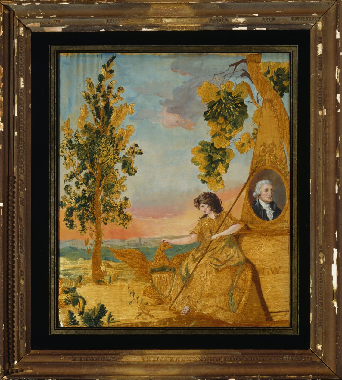 Broderad minnesbild, ca 1805-15 (silke, linne och wc) av American School