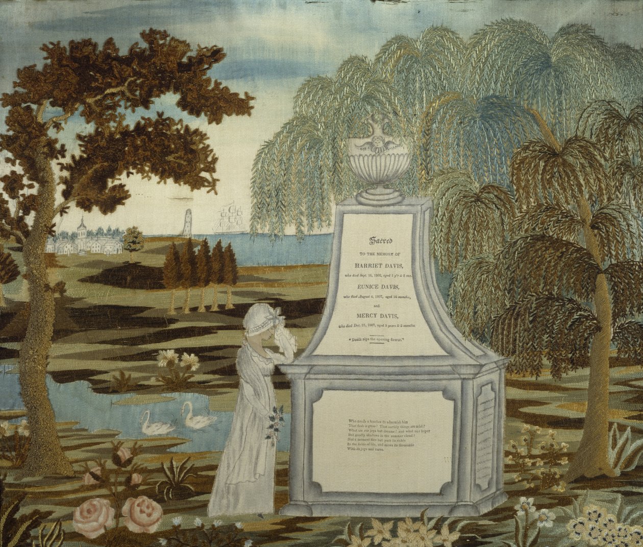 Broderad minnesbild, daterad 1807, utförd 1820-1826 (siden, bläck, papper och akvarell) av American School