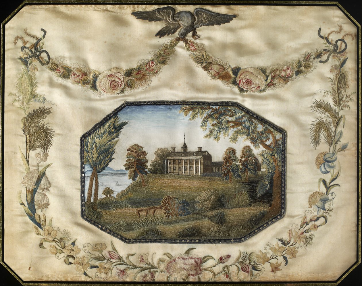Mount Vernon i Virginia. Sätet för den framlidne löjten. General George Washington, ca. 1800-1805 (silke, guld och silver metalltrådar, med akvarell och spangles) av American School