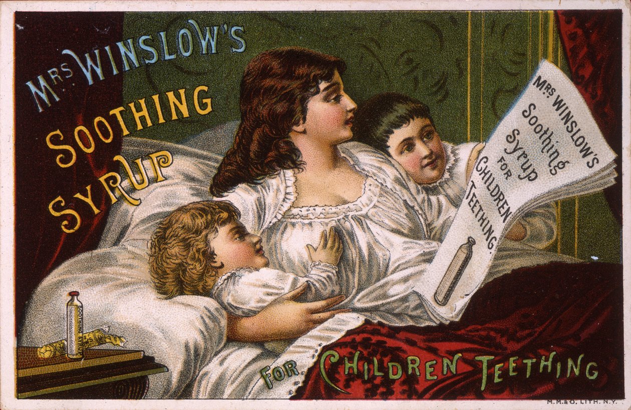 Mrs. Winslows lugnande sirap för barnsjukdomar (litho [handelskort]) av American School