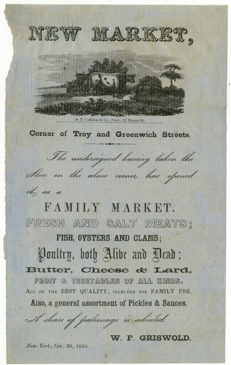 New Market, Corner of Troy and Greenwich Streets.... Family Market., 1855 av American School