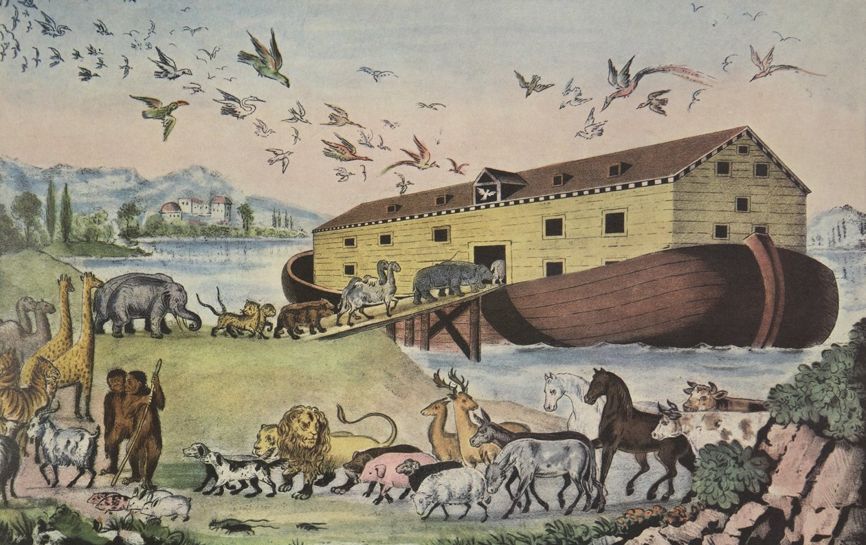Noas ark, Och de gick in till Noa i arken, två och två av allt kött, i vilken det finns en livsande - Gen. VII 15, pub. 1865, Currier & Ives av American School