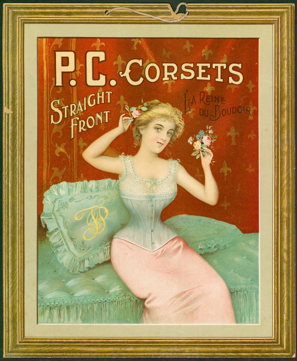 P.C. Korsetter, rak framsida, La Reine Du Boudoir (färglitografi på kort med upphängningsband) av American School