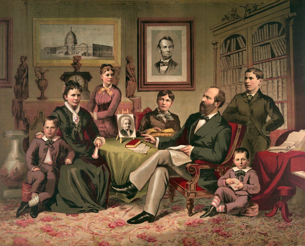 President Garfield och familj, pub. 1882 av American School