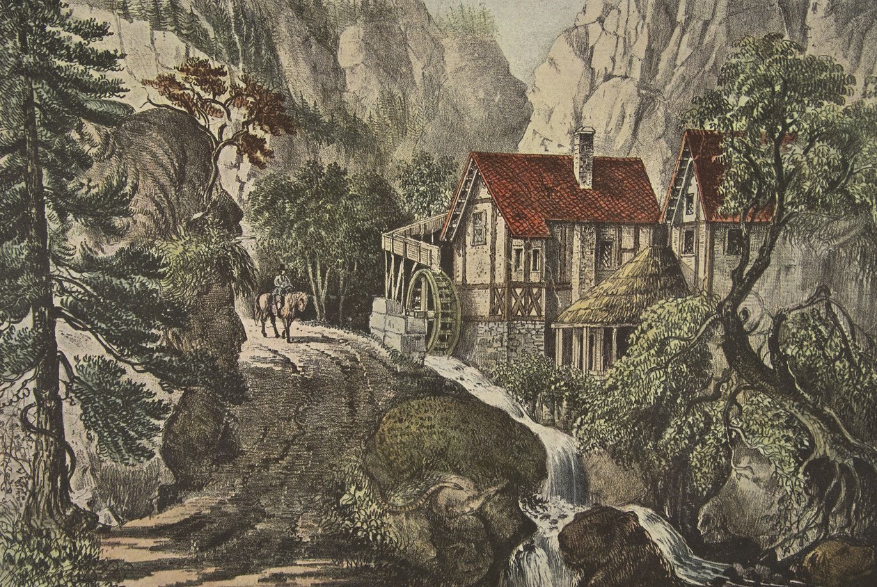 Bild pussel - gammal schweizisk kvarn, pub. 1872, Currier & Ives av American School
