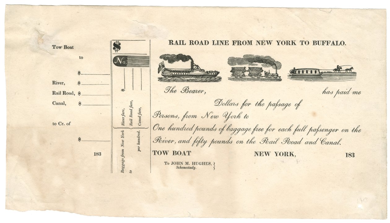 Järnvägslinje från New York till Buffalo [Tow Boat Ticket], 1830-talet (trägravyr [biljett]) av American School
