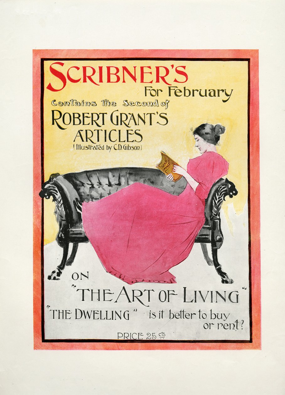 Scribners för februari 1895, innehåller den andra av Robert Grants-artiklar illustrerade av C.D. Gibson om The Art of Living, The Dwelling: är det bättre att köpa eller hyra?, 1895 (tryck) av American School