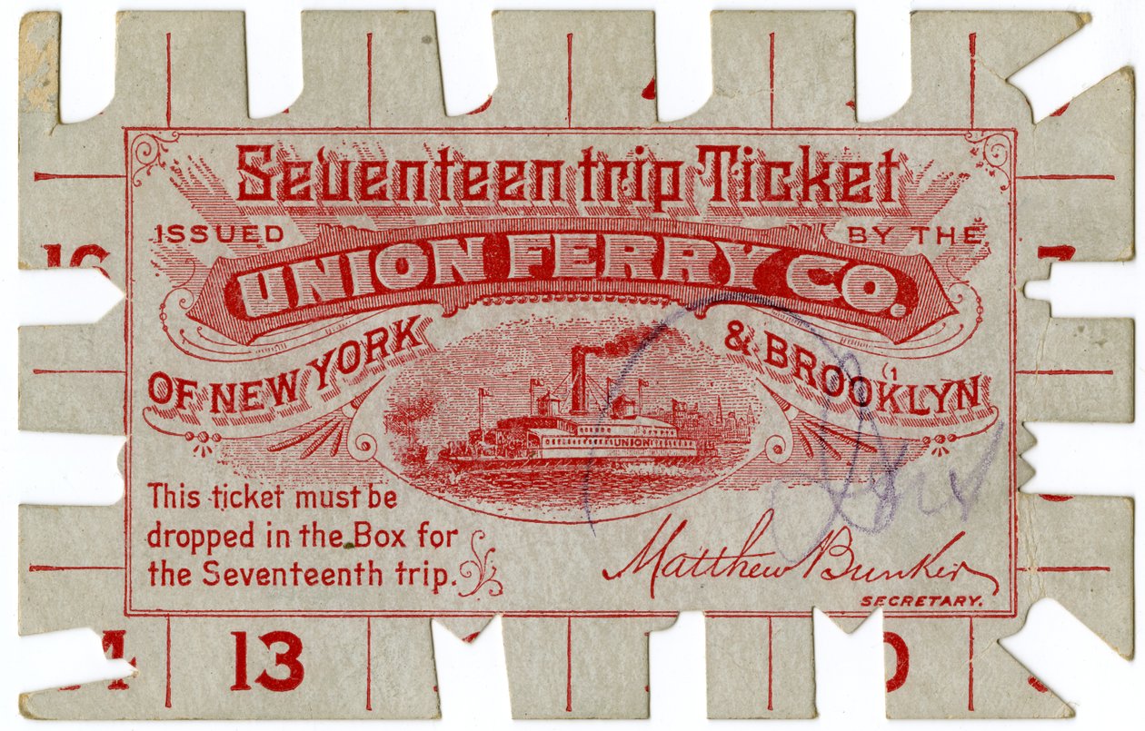 Biljett för sjutton resor, utfärdad av Union Ferry Co. i New York och Brooklyn av American School
