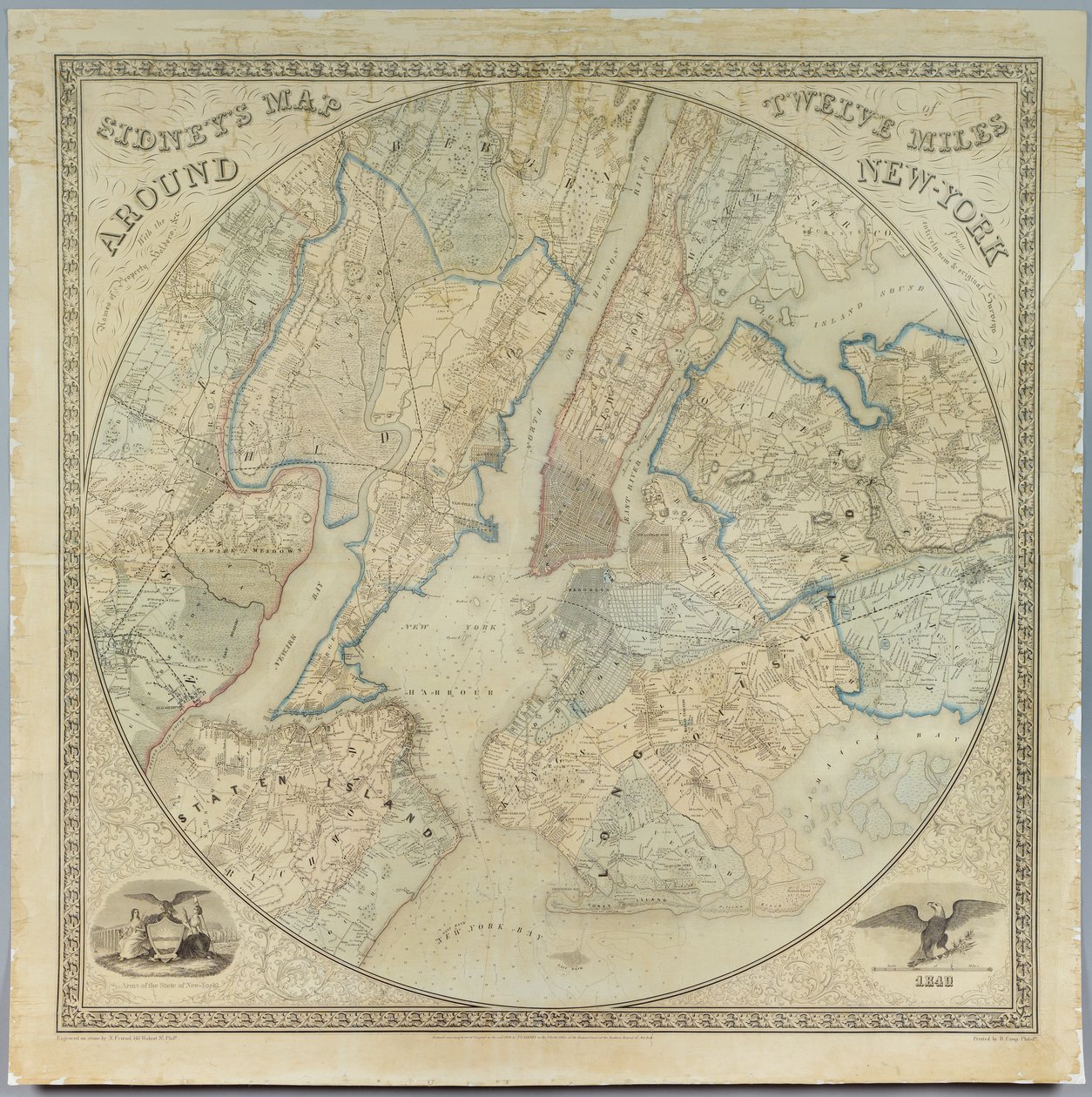 Sidneys Map Twelve Miles Around New York, litografi av Norman Friend (fl.1850-1871), tryckt av John Henry Camp (1822-1881), 1849 (kromolitografi) av American School