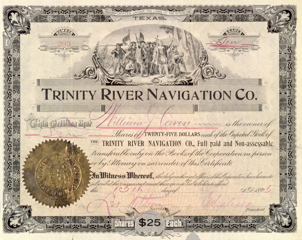 Aktieandel för Trinity River Navigation Co., 1895 av American School
