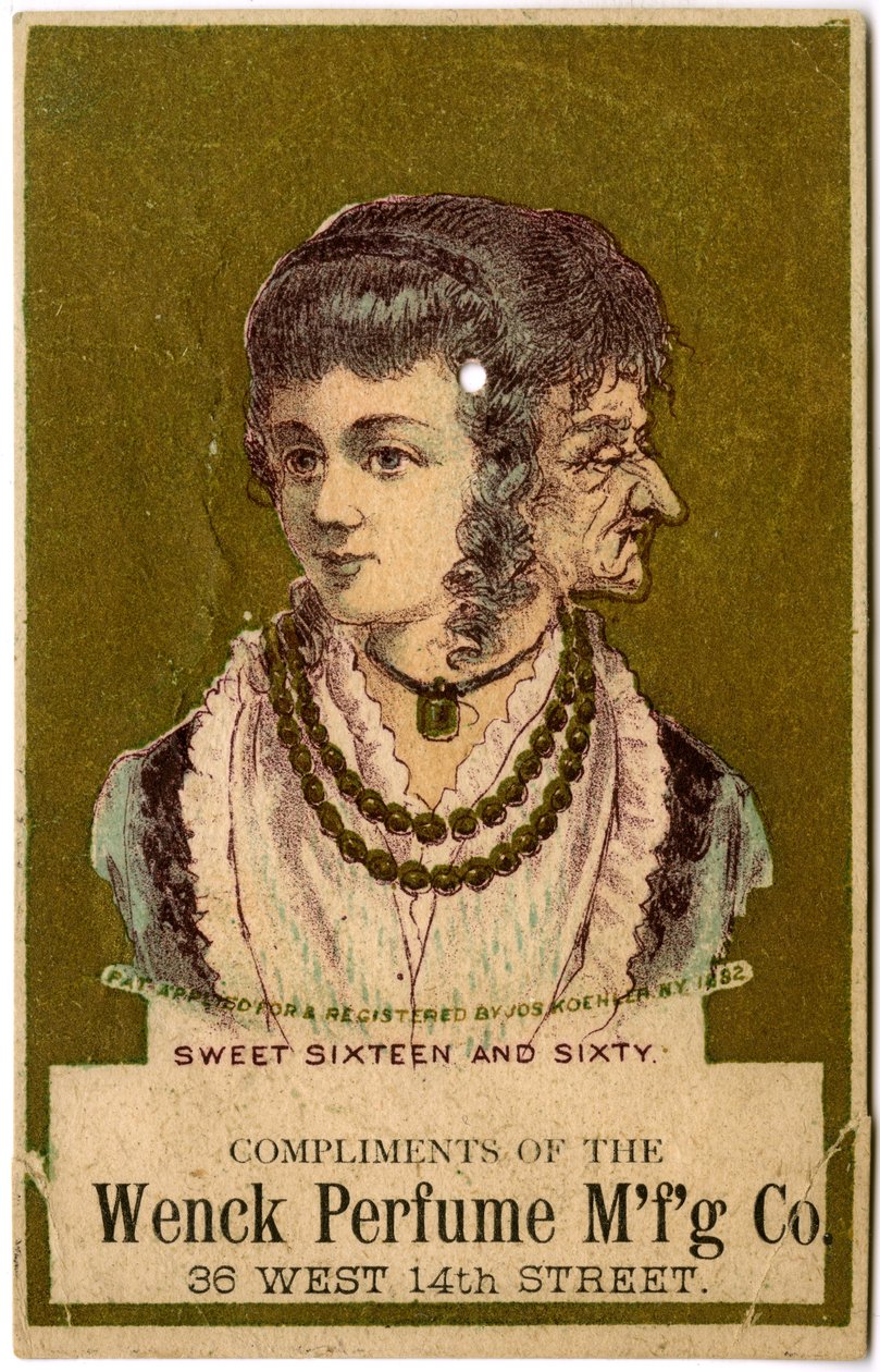 Sweet Sixteen and Sixty, Compliments of the Wenck Perfume Mfg Co., 36 West 14th Street., 1882 (färg litho [handelskort] av American School