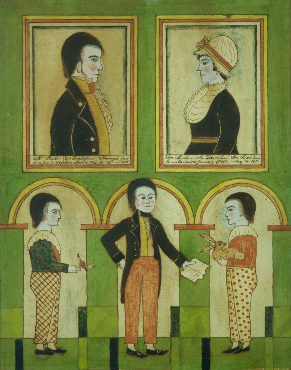Familjen Abraham Pixler, ca 1815 (wc, penna, bläck och gouache på papper) av American School
