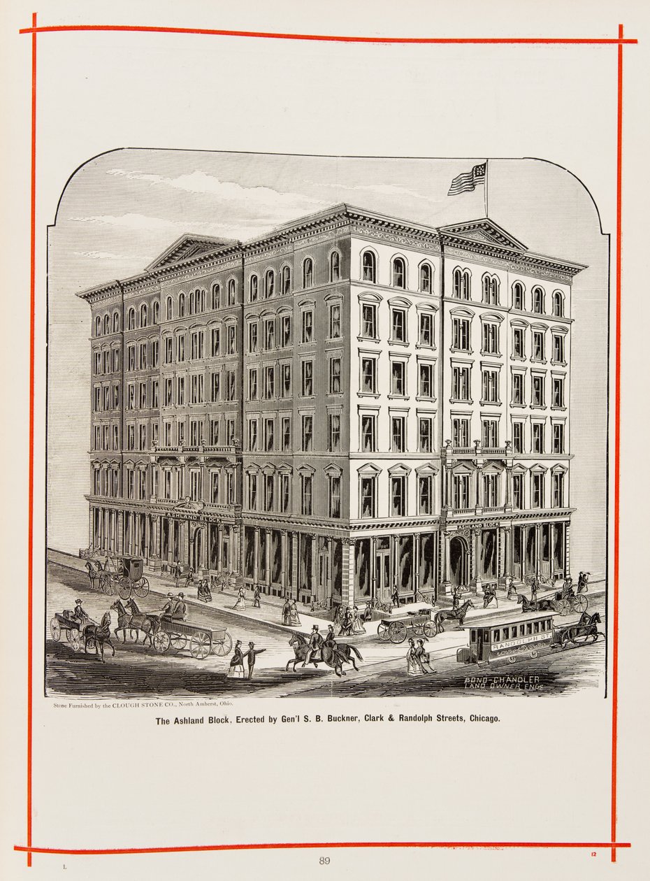 Ashland Block på Clark and Randolph Streets, Chicago, Illustration i The Merchants and Manufacturers of Chicago Illustrated, 1873 av American School