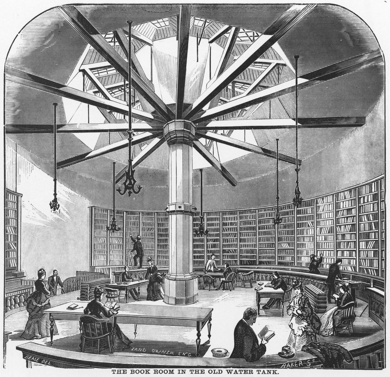 Bokrummet i den gamla vattentanken, från The Merchants and Manufacturers of Chicago, utgiven av J.M. Wing & Co., 1873 av American School