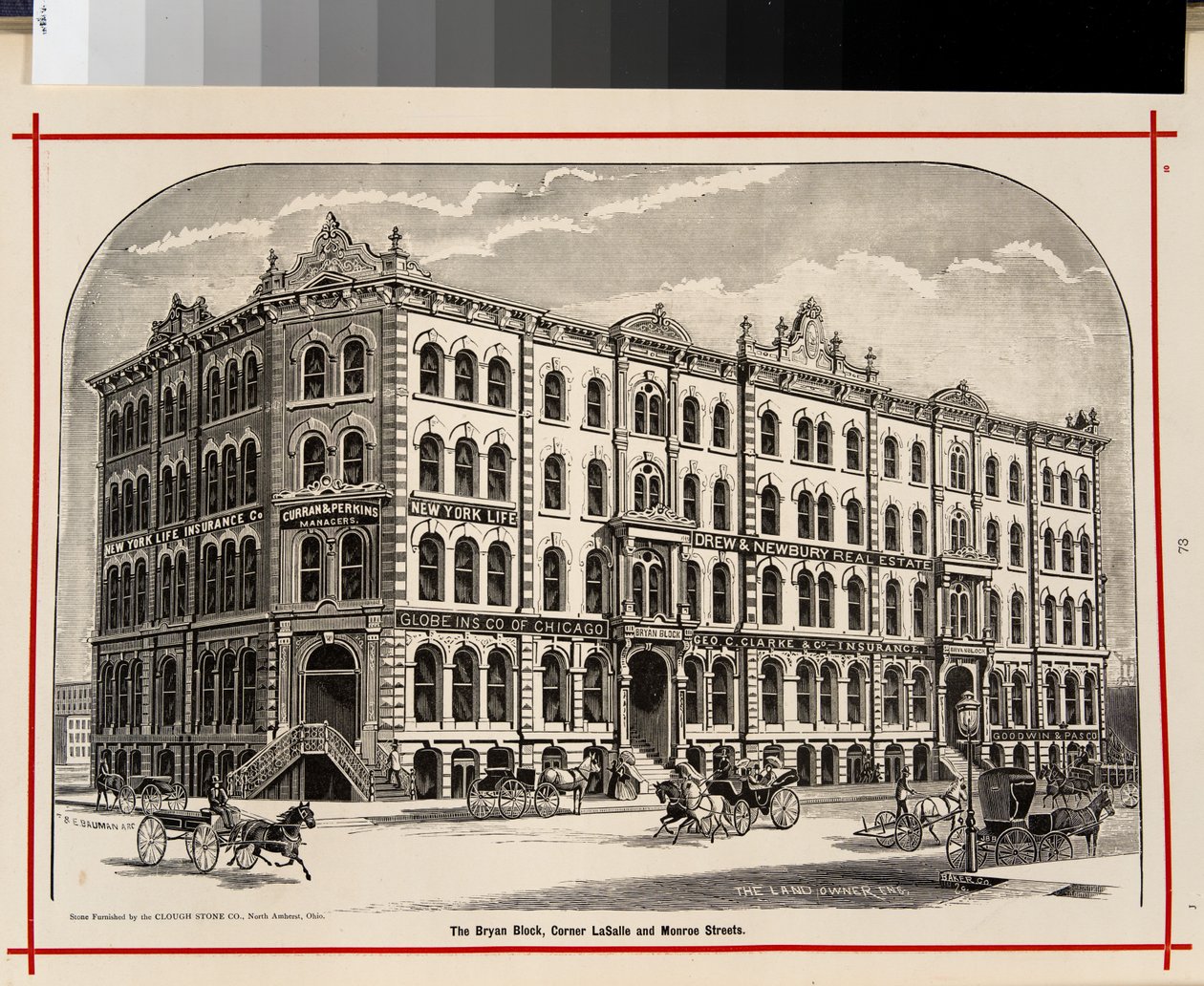 Bryan Block, hörnet av LaSalle och Monroe Streets, Chicago, Illustration i The Merchants and Manufacturers of Chicago Illustrated, 1873 av American School