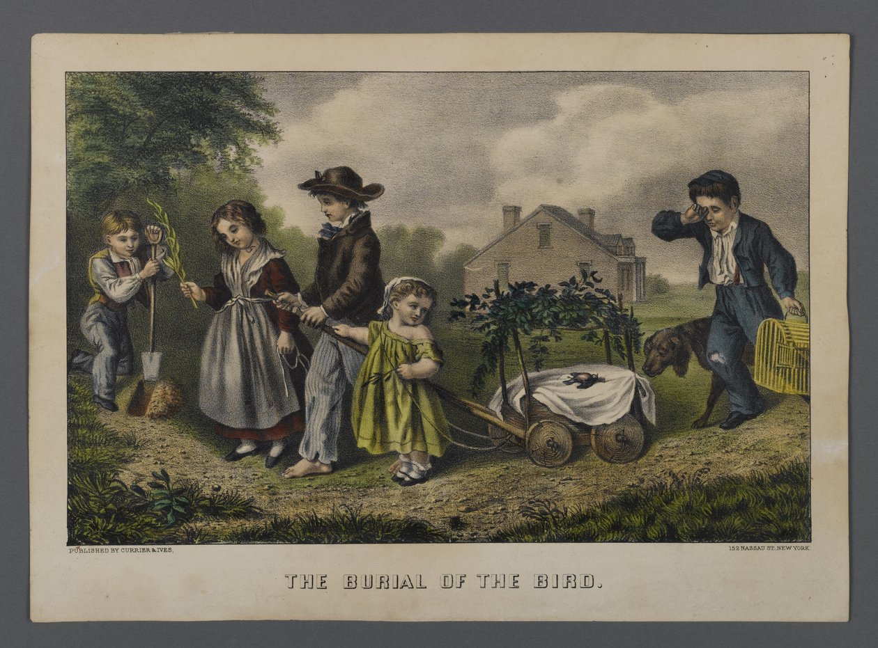 The Burial of the Bird, publicerad av Currier & Ives, New York (handfärgad lito) av American School