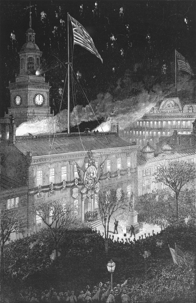 The Centennial Fourth Illumination of Independence Hall, 1876 av Schell och Hogan för Harpers Weekly Magazine av American School