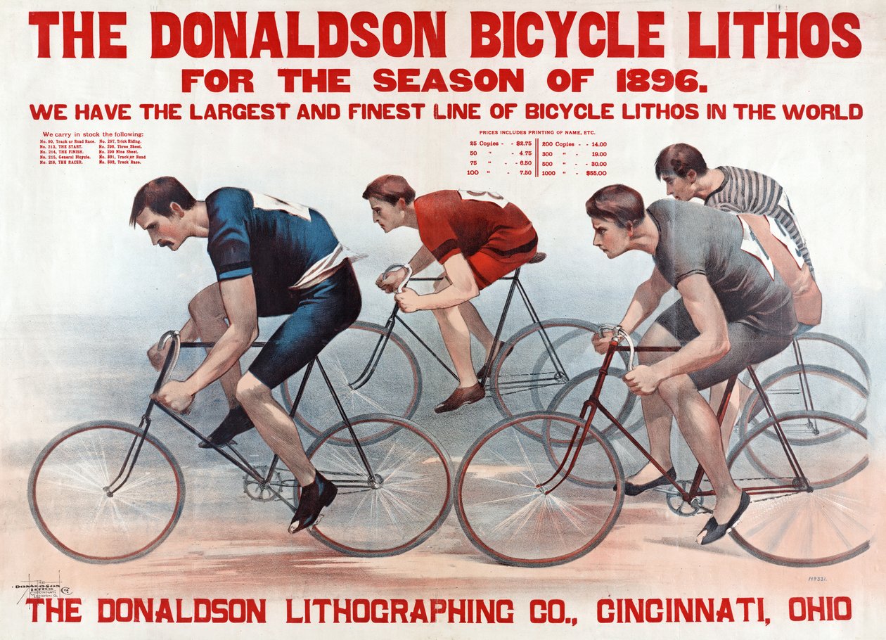 Donaldson Cykel Lithos för säsongen 1896, pub. 1896 (färglitografi) av American School