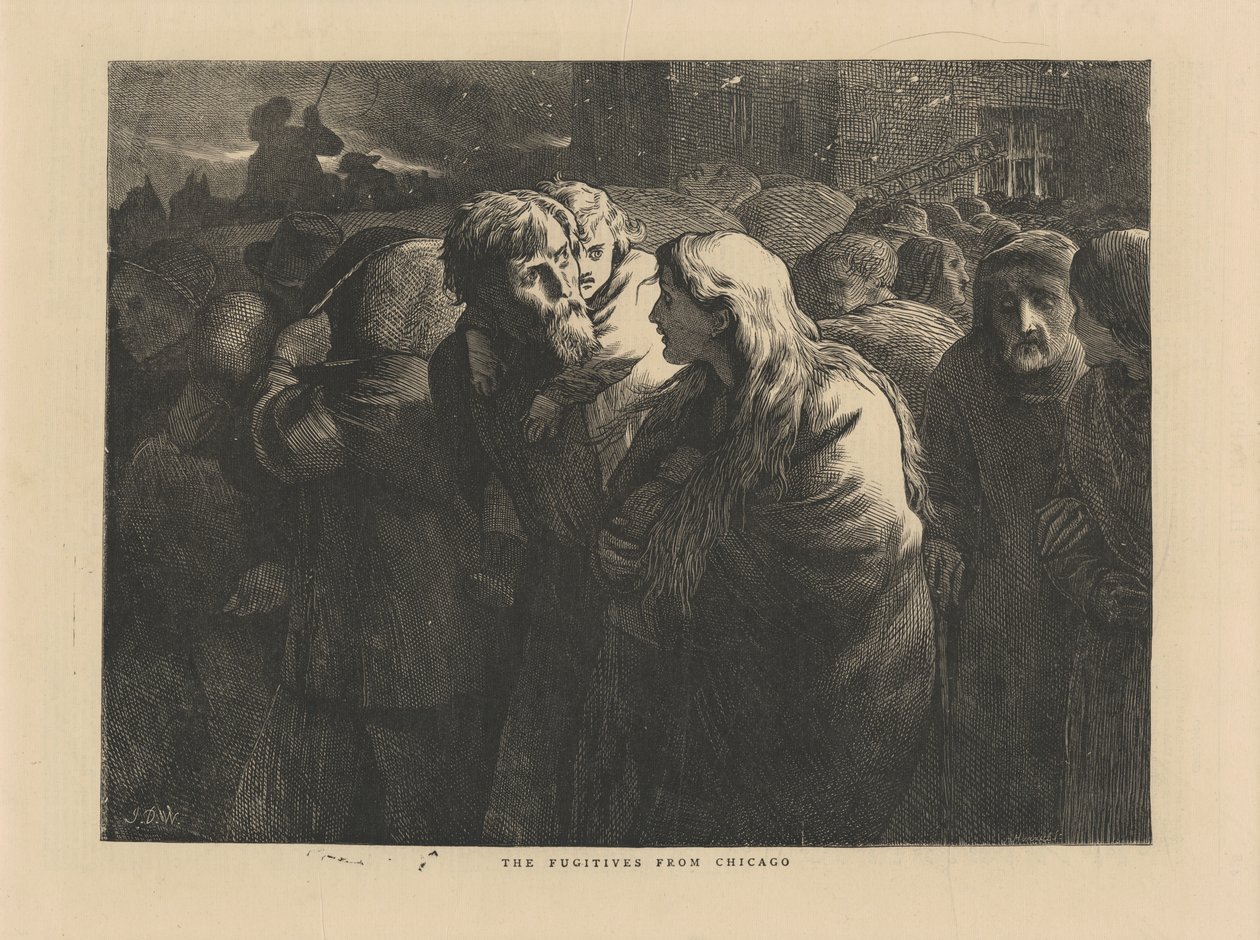 The Fugitives from Chicago, illustration från The Graphic, 1871 av American School