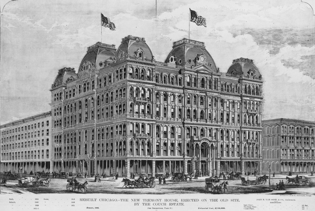 The New Tremont House, illustration från Land Owner, mars 1873 tillägg av American School