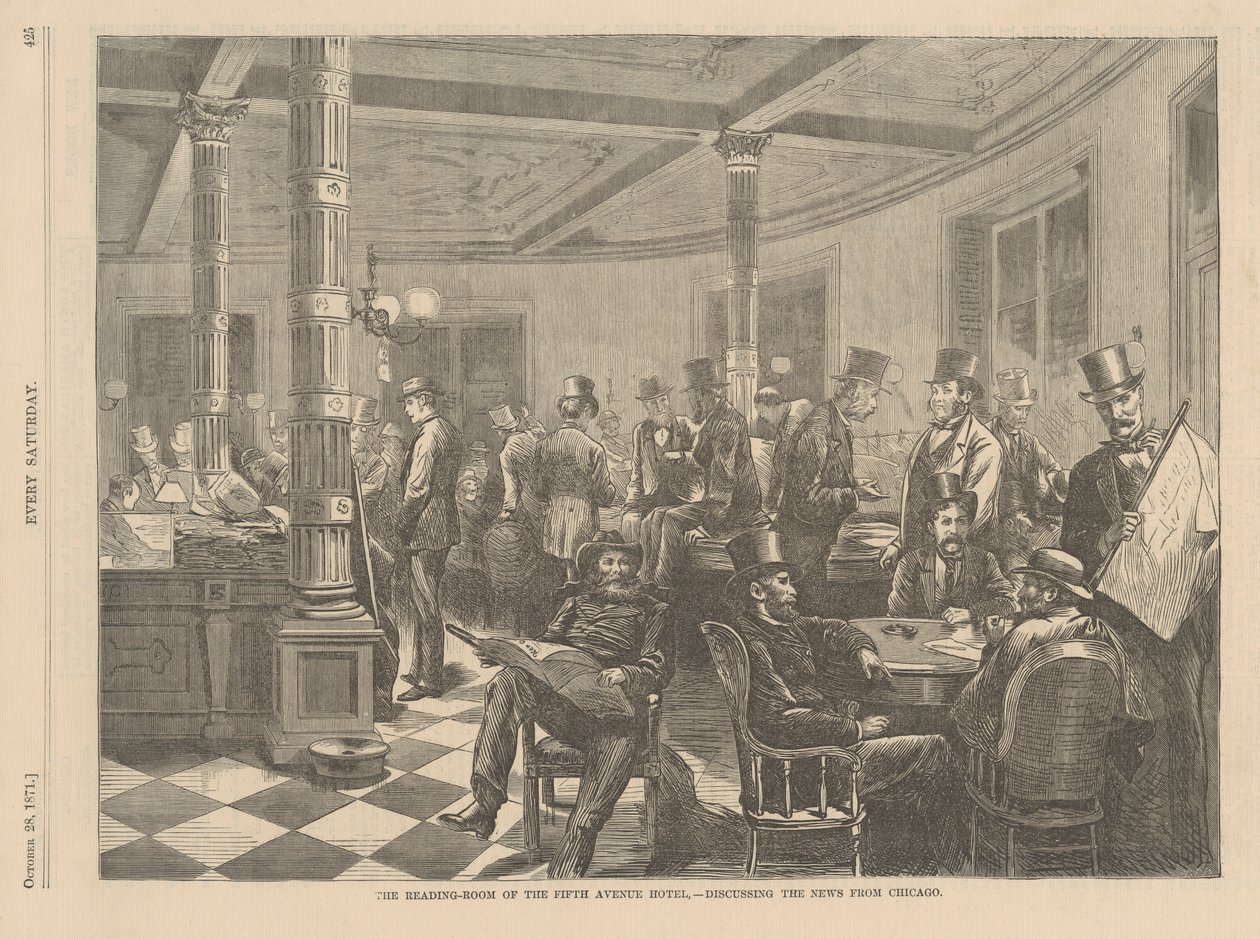 Lässalen på Fifth Avenue Hotel i New York - Diskutera nyheterna från Chicago, illustration från Every Saturday, 1871 av American School