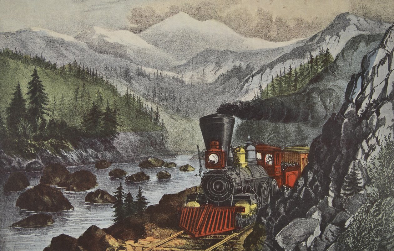 Vägen till Kalifornien, Truckee River, Sierra-Nevada, pub. 1871, Currier & Ives av American School