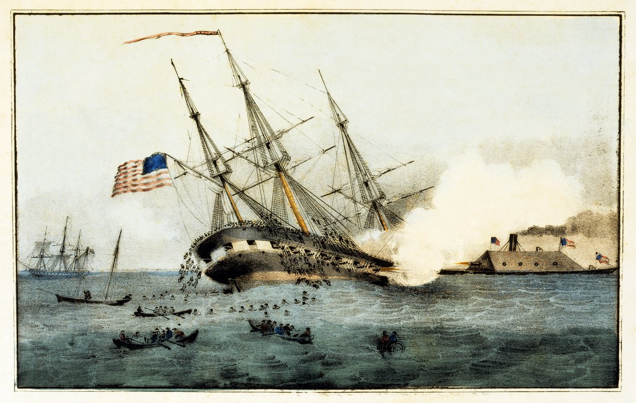 Sänkningen av Cumberland av den järnklädda Merrimac utanför Newport News, Va., den 8 mars 1862, pub. 1862 av American School