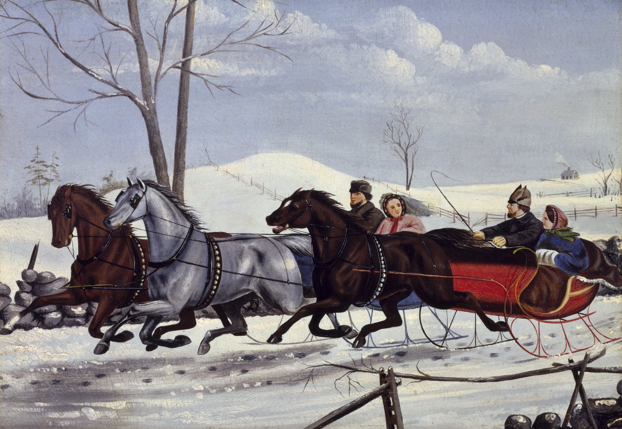 The Sleigh Race, ca 1865 (olja på kartong) av American School