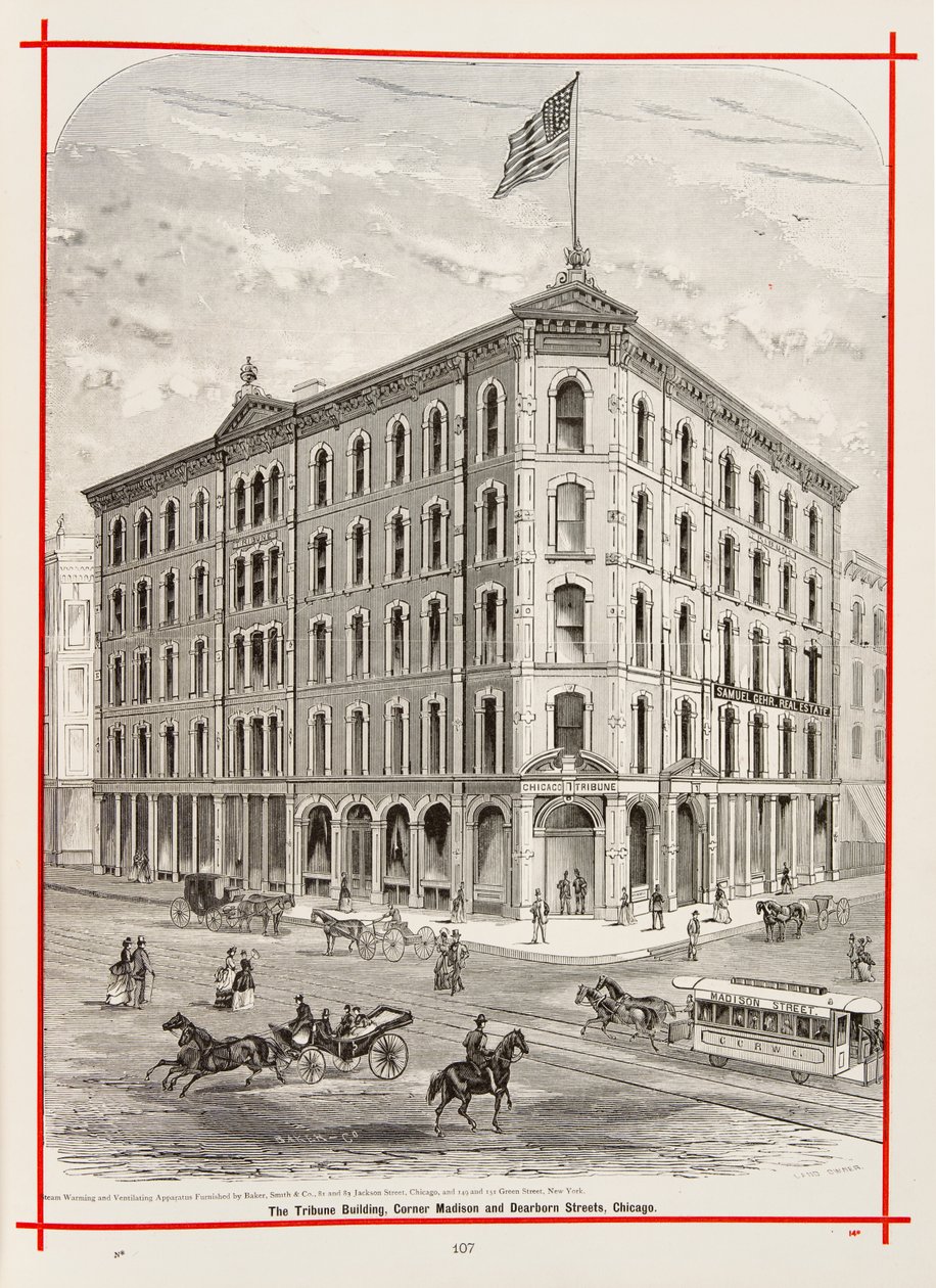 The Tribune Building i hörnet av Madison och Dearborn Streets, Chicago, Illustration i The Merchants and Manufacturers of Chicago Illustrated, 1873 av American School