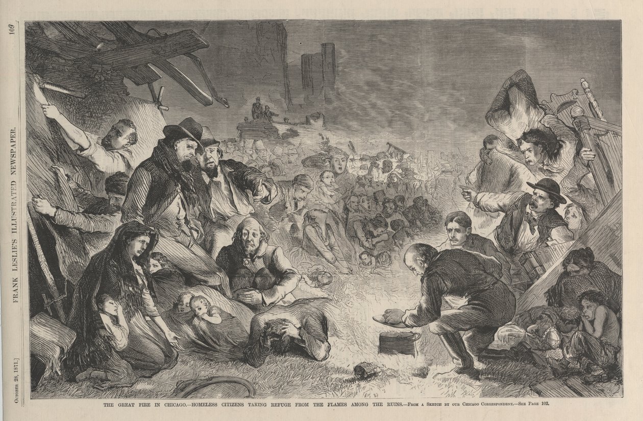Den stora branden i Chicago – hemlösa medborgare som tar sin tillflykt från lågorna bland ruinerna, illustration från Frank Leslies Illustrated Newspaper, 1871 av American School