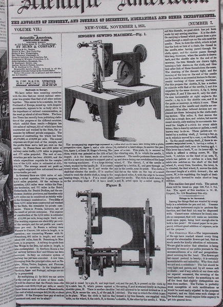 Den ursprungliga modellen av symaskinen av Isaac Merrit Singer (1811-75) från Scientific American, 1 november 1851. av American School