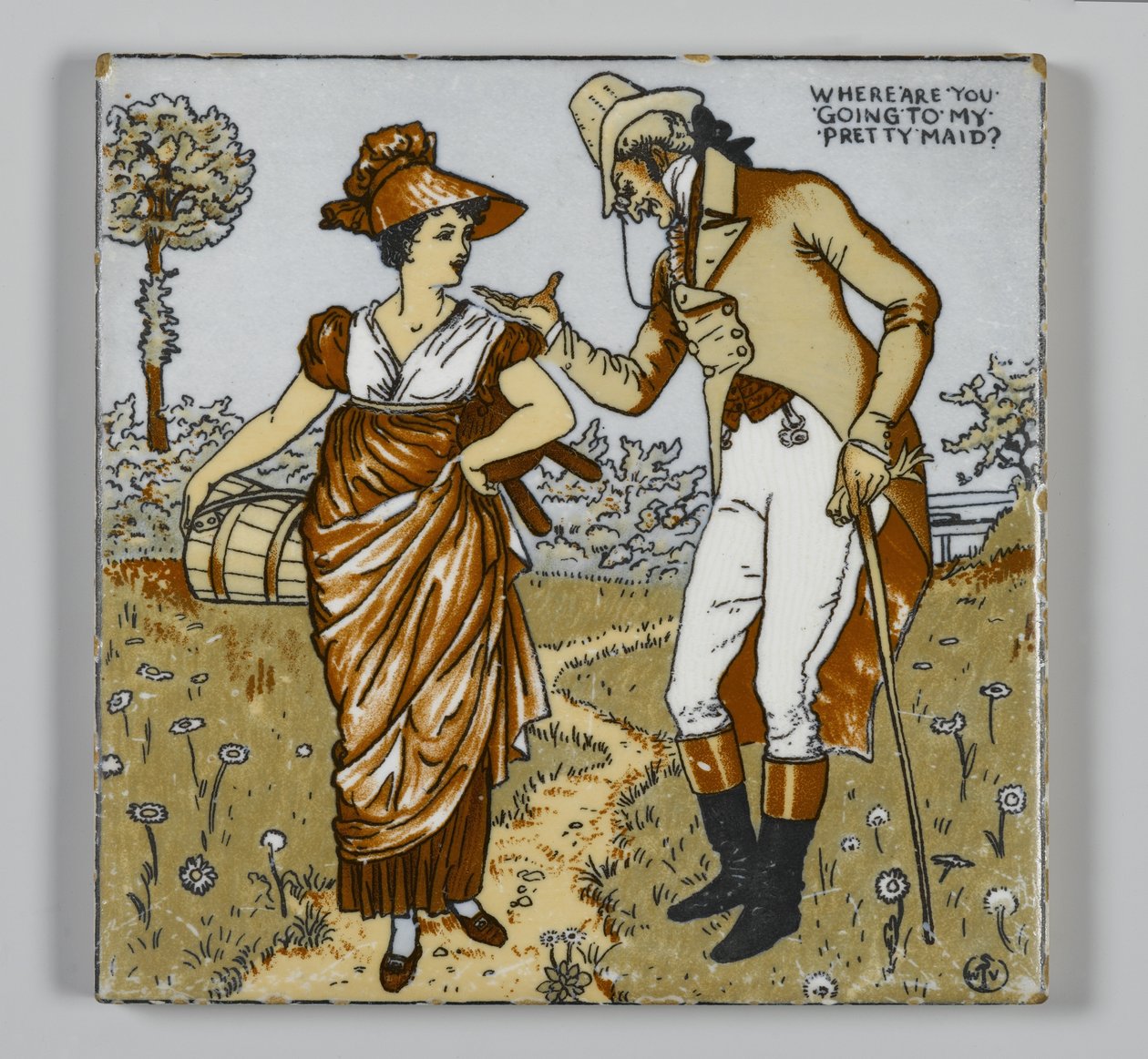 Kakel tillverkad av Walter T. Crane Wheeling Pottery Company, Wheeling, West Virginia, ca 1890 (transfertryckt polykromt, glaserat lergods) av American School
