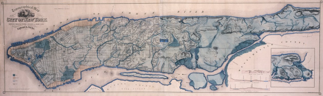 Topografisk karta över New York, som visar vattendrag och tillverkad mark, 1865, 1865 (svart bläck, med färgtvätt, på papper med baksida med tyg) av American School